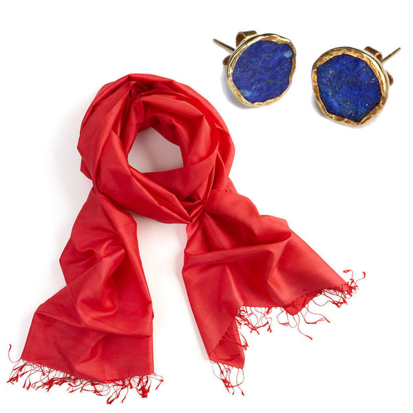 Poppy Red Silk Scarf + Gold plate Lapis Studs - Afghanistan