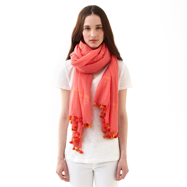 Coral Jamdani Cotton Scarf - India